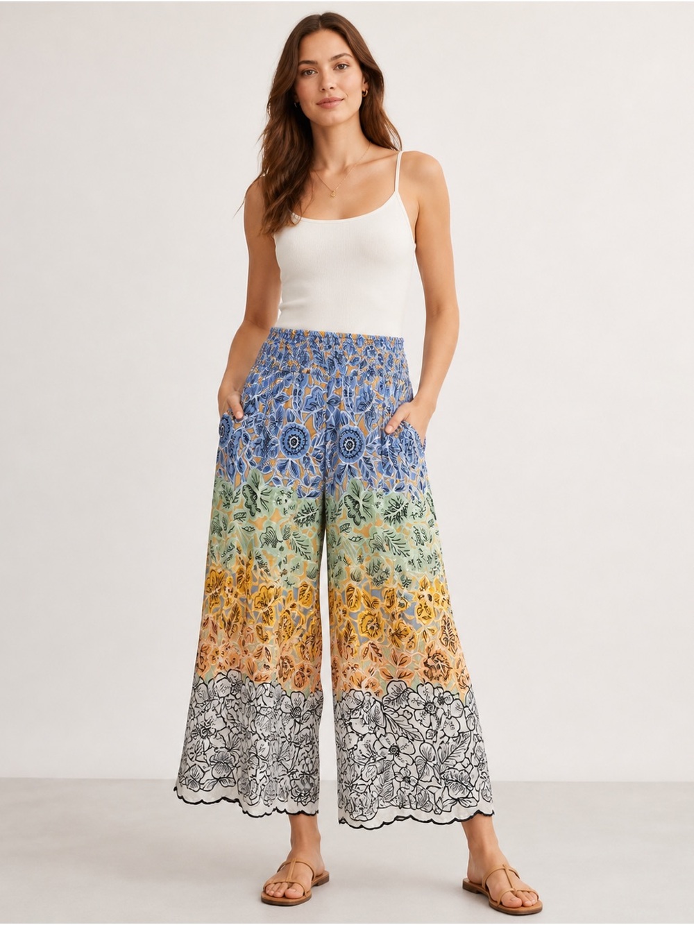 Anthropologie Saria Smocked Wide-Leg Pants Women’s M Floral Boho Rayon Palazzo
